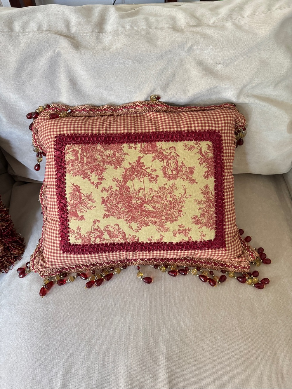 French Country Cottage Red Ivory English Toile Check Tassels Beaded Foam Pillow